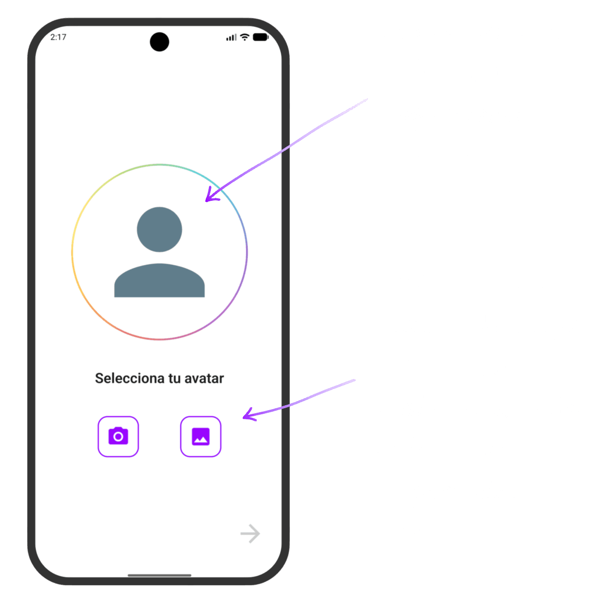 Pantalla para seleccionar la imagen de perfil o avatar de usuario