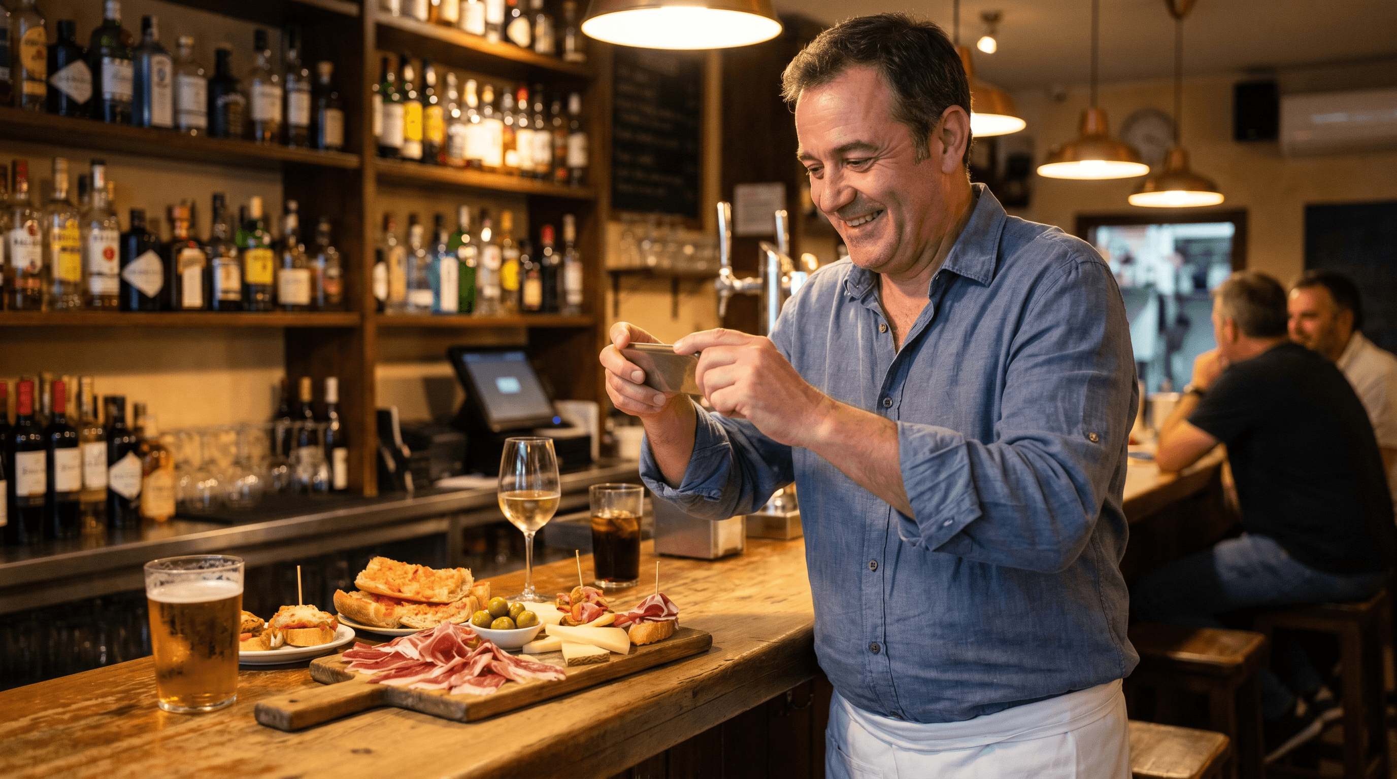 Dueño de bar compartiendo oferta de tapas con clientes de la zona por owsi