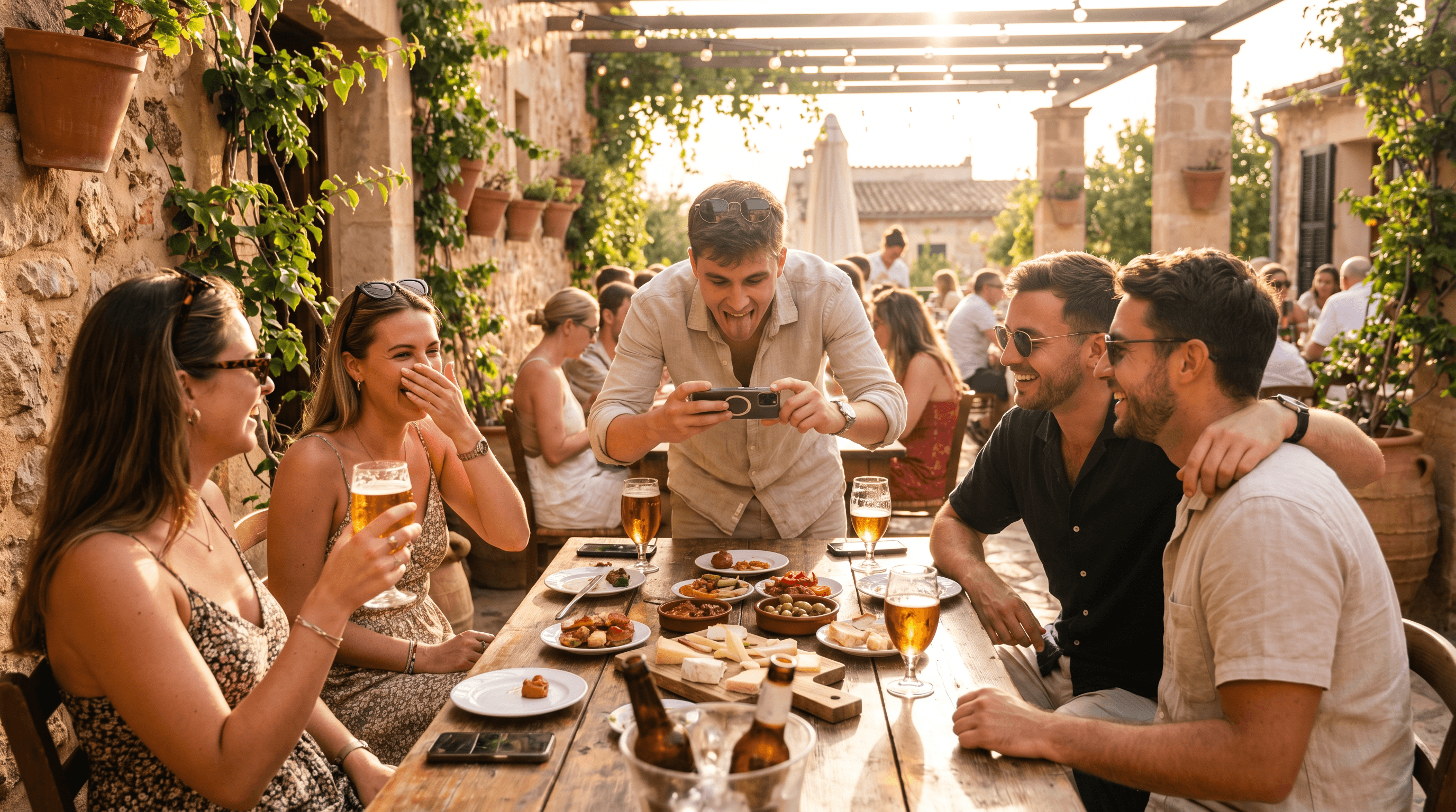 Dueño de bar compartiendo oferta de tapas con clientes de la zona por owsi