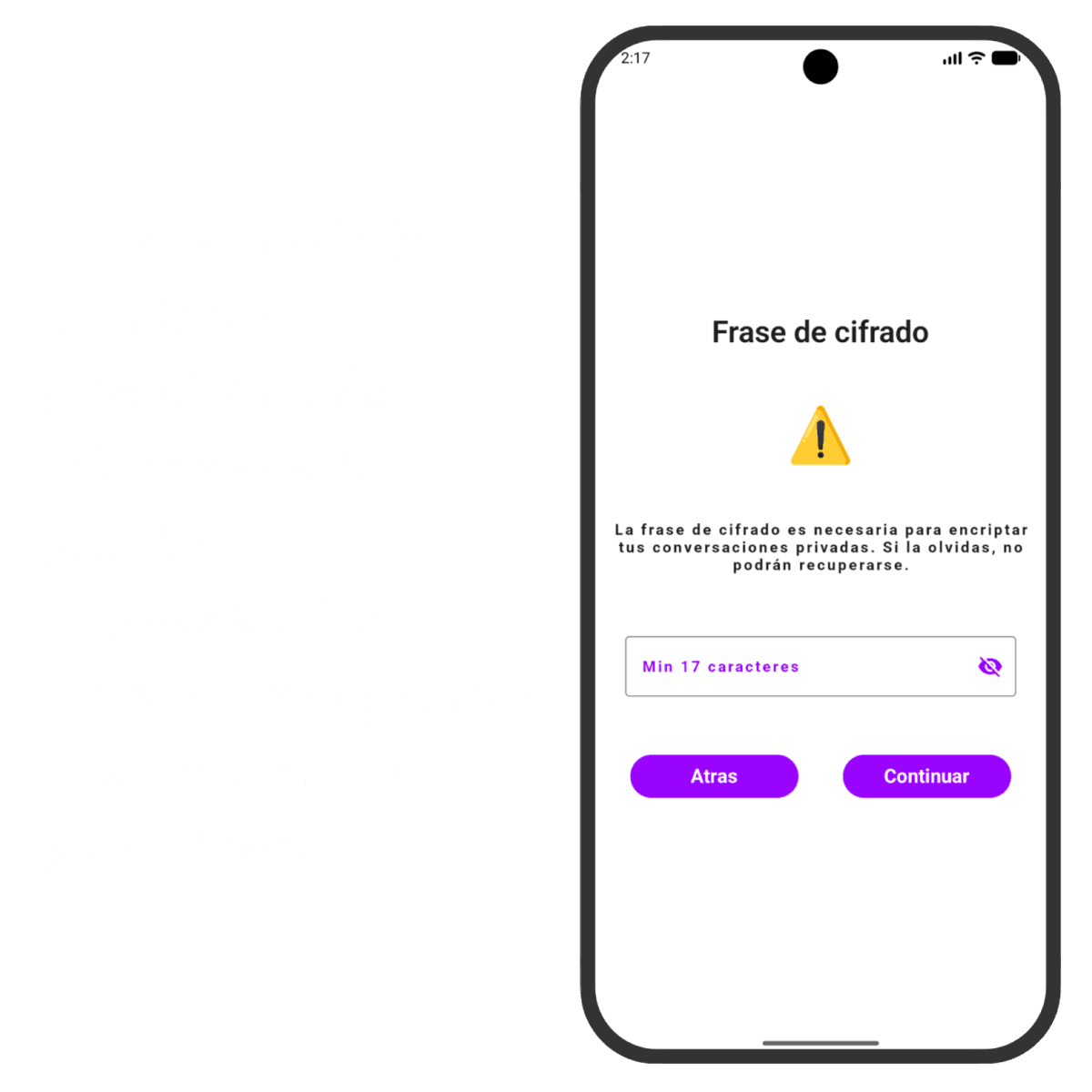 Pantalla para configurar la frase de seguridad cifrada