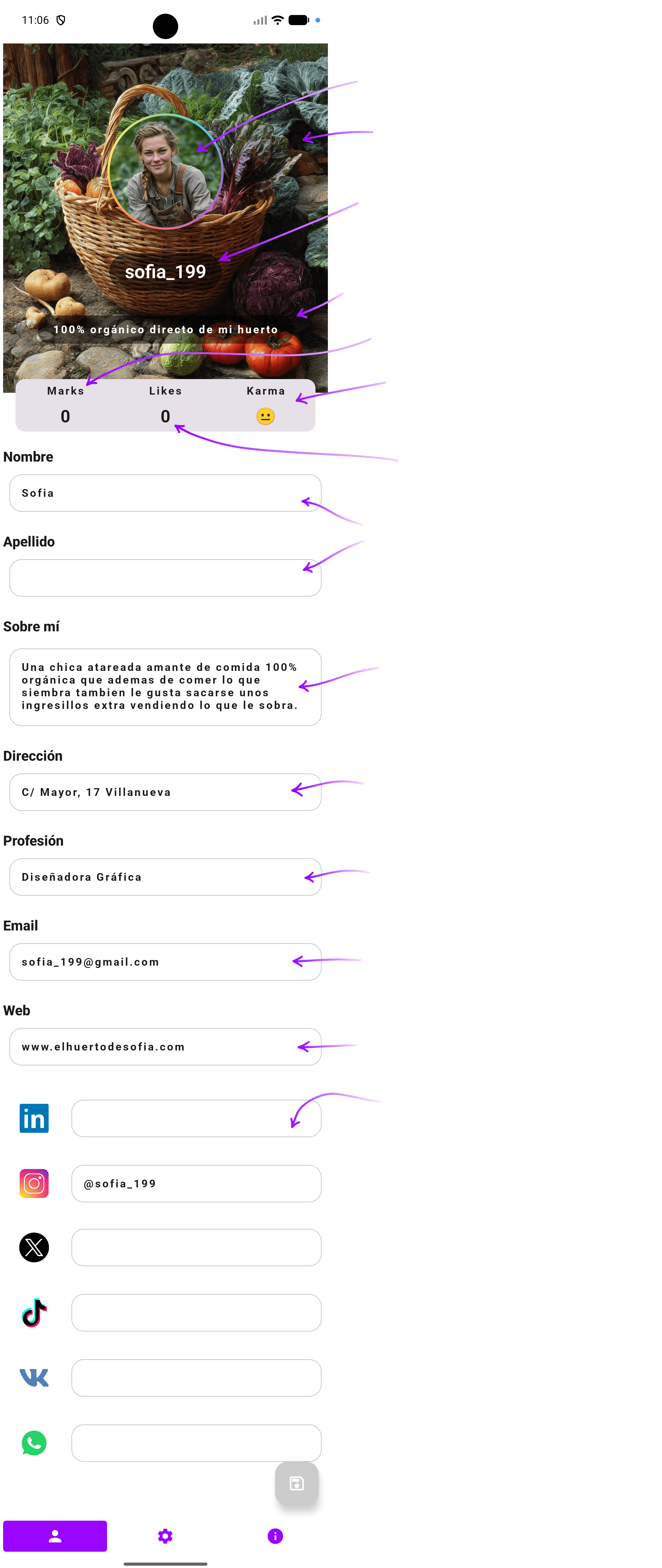 Pantalla del perfil de usuario con todos los datos y campos explicados en Owsi